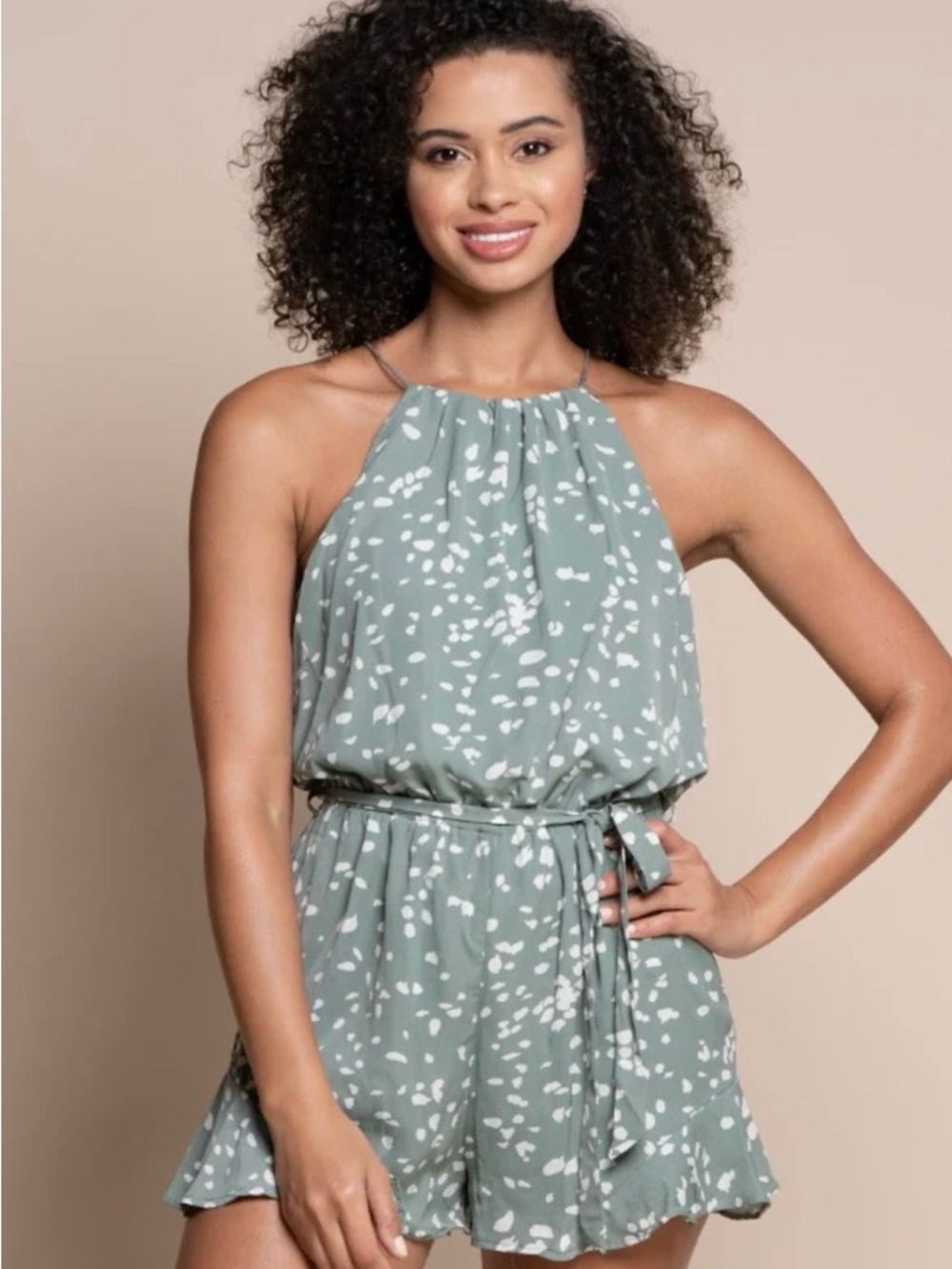 She + Sky Sage Green Halter Romper with Belt
